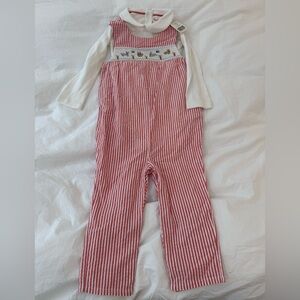 NWT Mini Boden Two-Piece set. Red and White overalls with bunny embroidery.